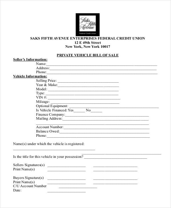 private vehicle bill of sale