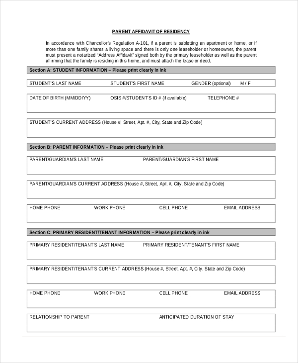 parent affidavit of residency form