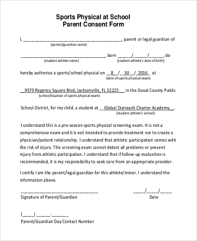 parent consent form for sports