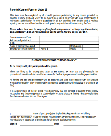 parental consent form for under 18