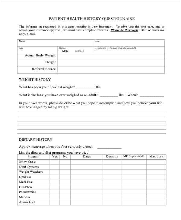 FREE 8 Sample Patient Health Questionnaire Forms In PDF MS Word