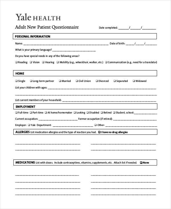 Free 8 Sample Patient Health Questionnaire Forms In Pdf Ms Word 1437
