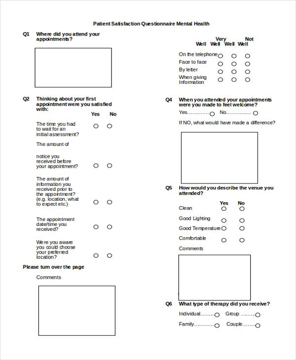 patient satisfaction questionnaire mental health