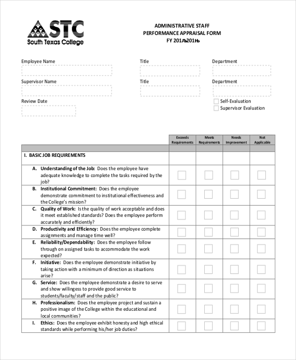performance appraisal form for administrative staff