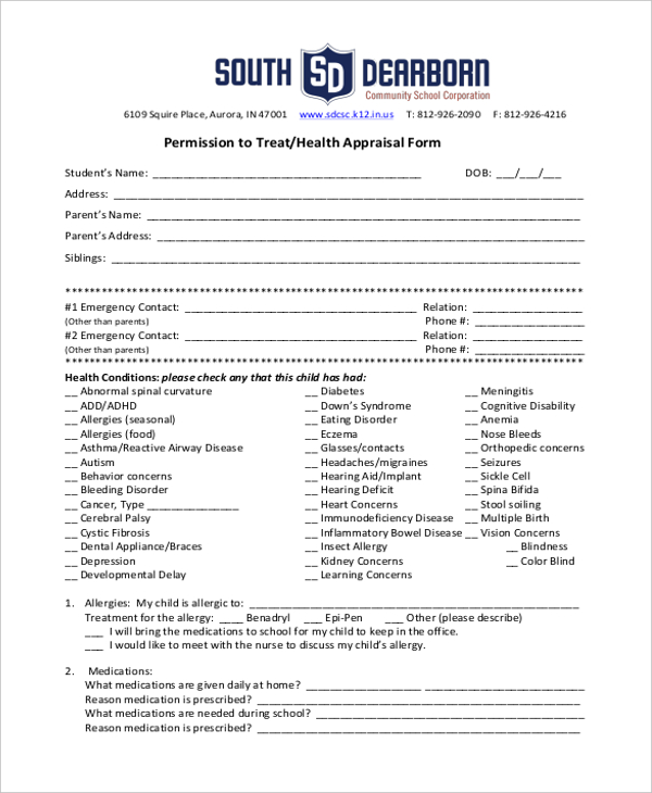 permission to treat health appraisal form