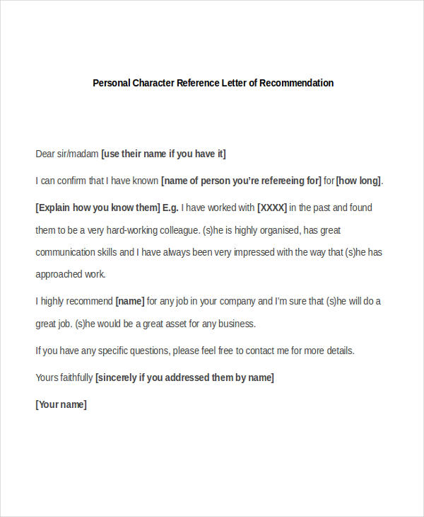 personal character reference letter of recommendation