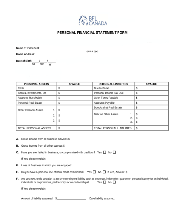 Personal financial statement excel