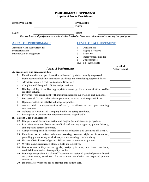 personal nurse appraisal form