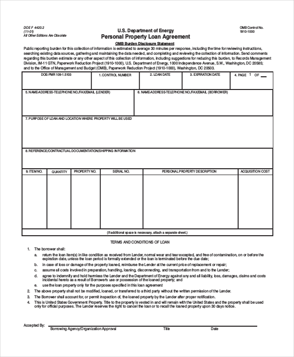 personal property agreement form