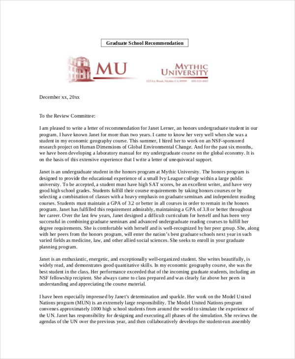 personal recommendation letter for graduate school