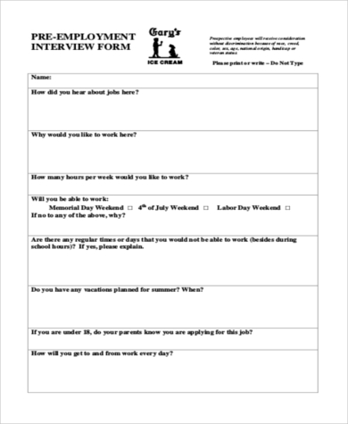 pre employment interview form