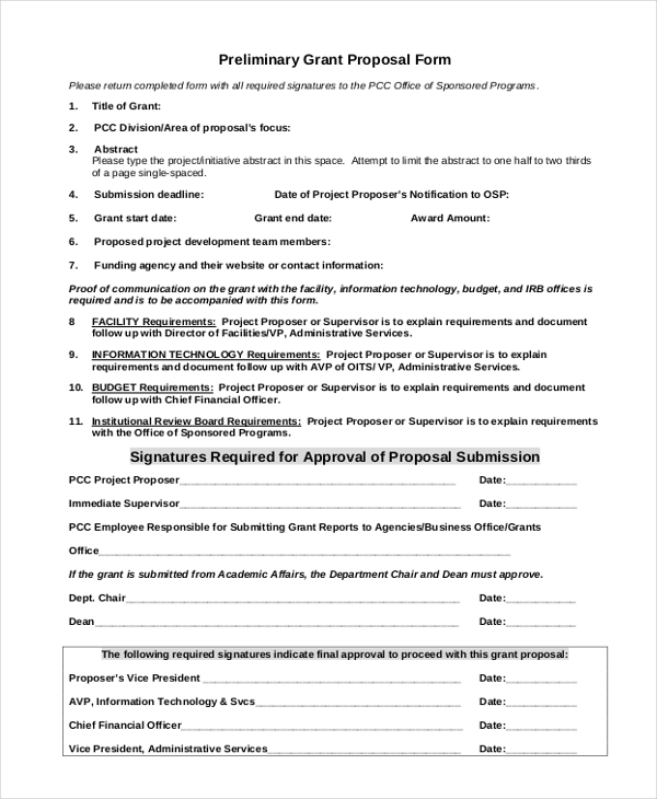 preliminary grant proposal form