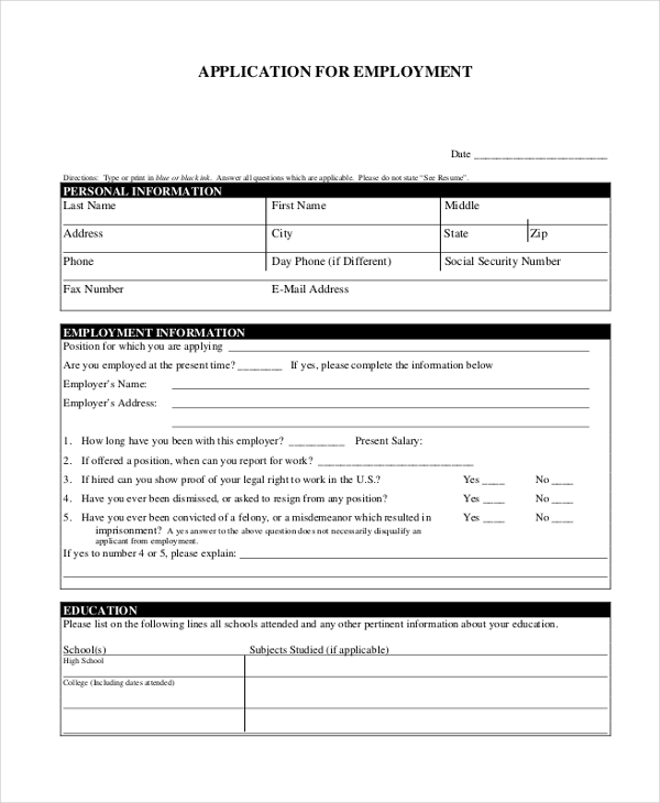 printable blank job application form