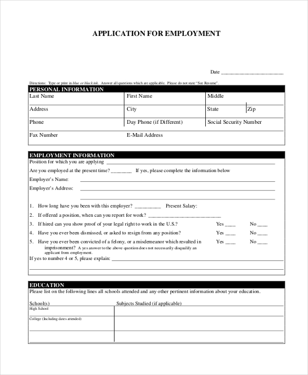 free 9 sample printable job application forms in pdf