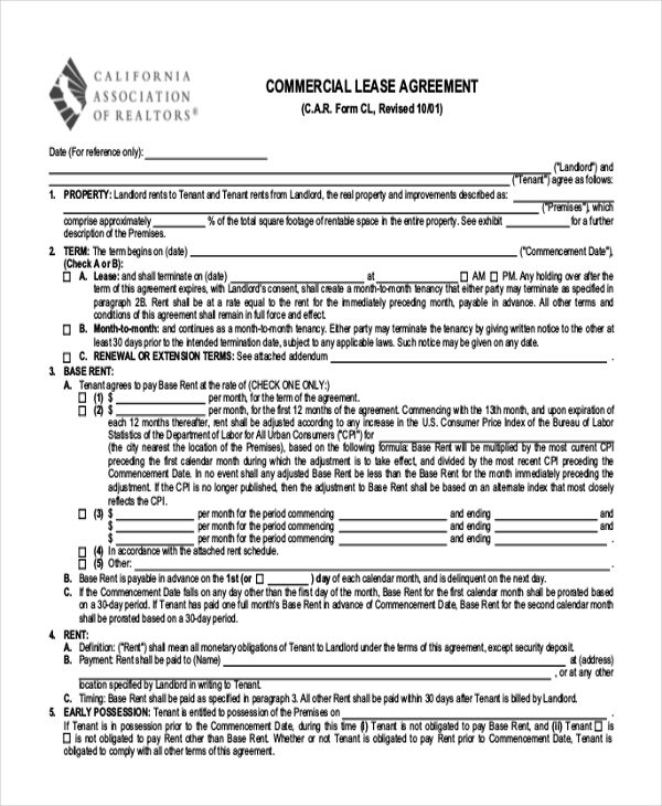 Commercial Lease Agreement Form Pdf Printable 7725