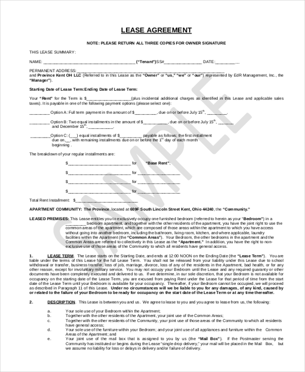 Free 9 Sample Printable Lease Agreement Forms In Pdf Ms Word
