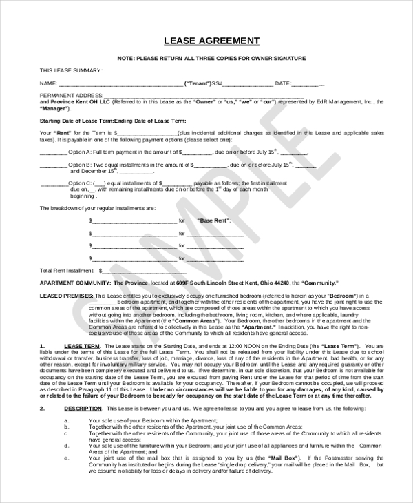 free 9 sample printable lease agreement forms in pdf ms