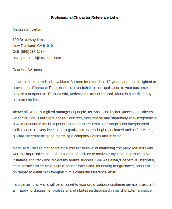 professional character reference letter