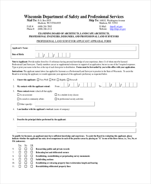 professional land surveyor applicant appraisal form