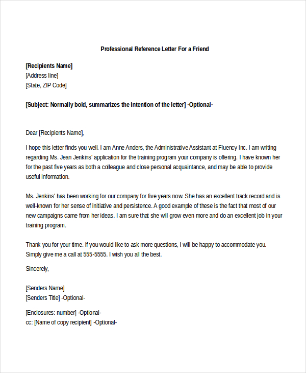 Letter Of Recommendation For A Friend Template