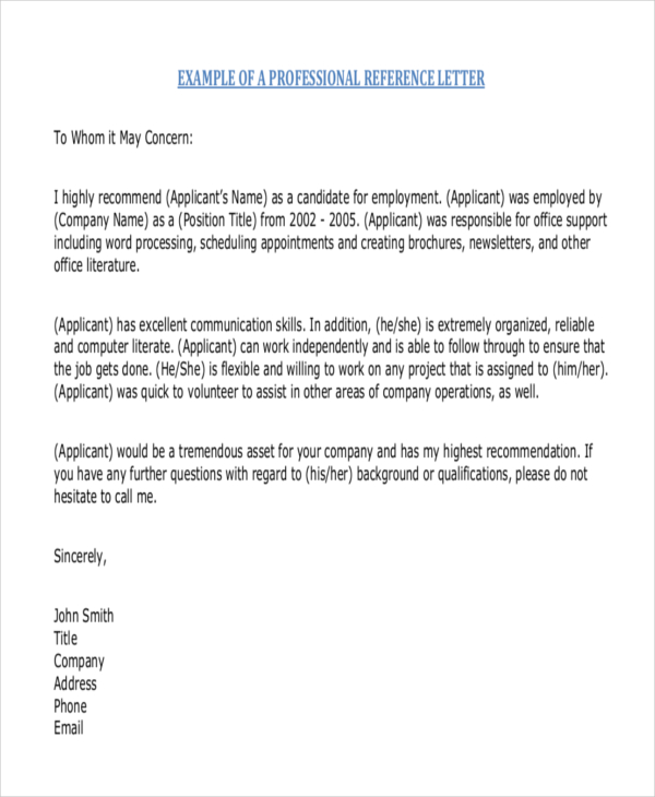 Professional Reference Letter Template Free Download