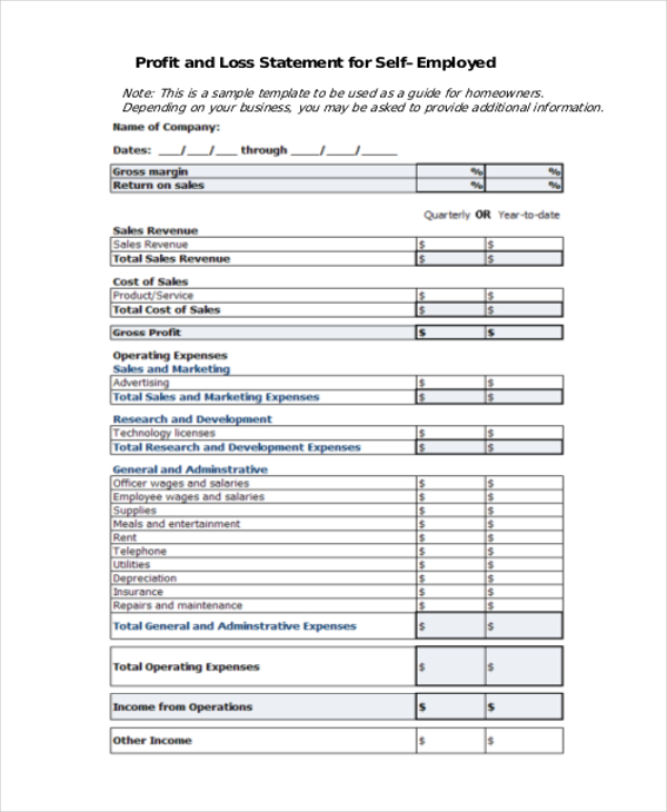 profit loss statement form self employed sample pdf word forms pnc