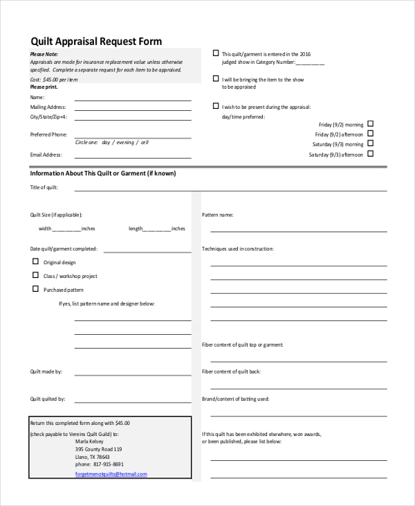 quilt appraisal request form