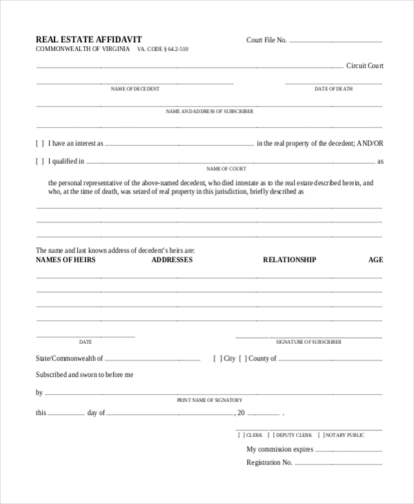 real estate affidavit form1