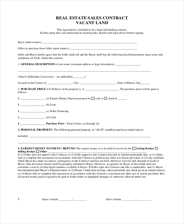 real estate sales contract vacant land
