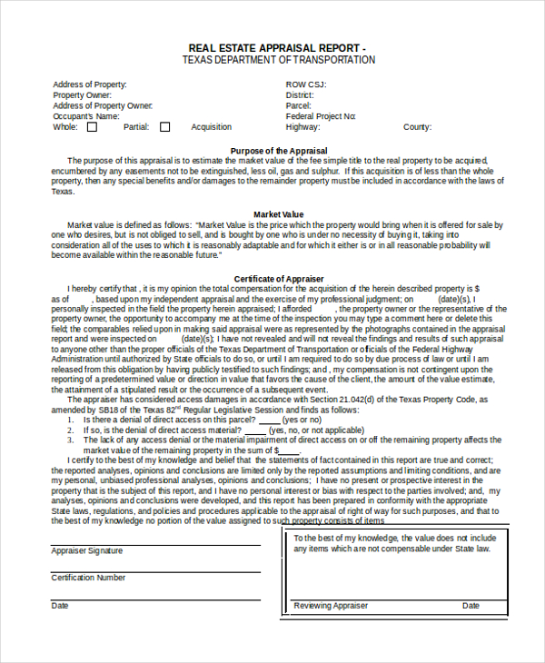 real estate appraisal form example