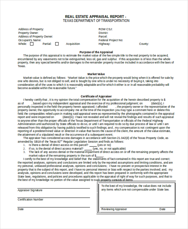 Free 7 Sample Real Estate Appraisal Forms In Pdf Ms Word 5040