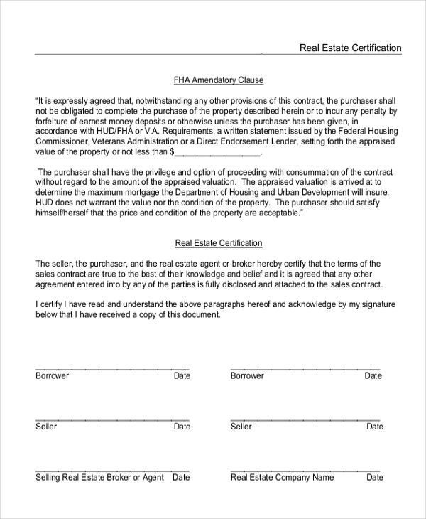 real estate certification form