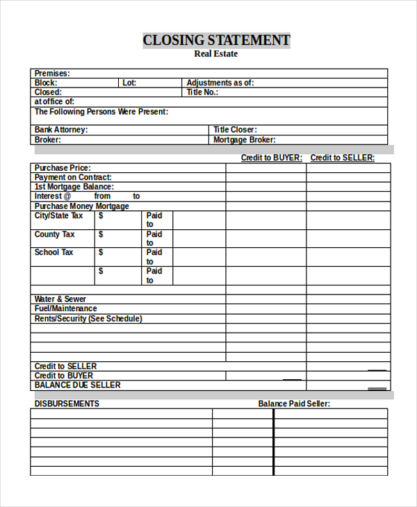real estate closing statement form