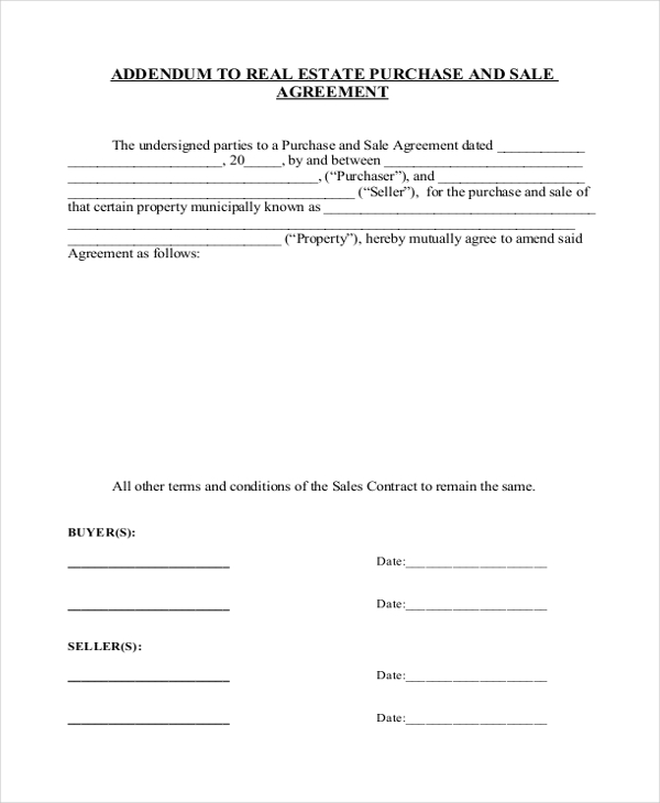 real estate sales contract addendum form