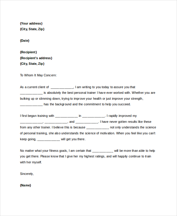 recommendation letter for personal trainer