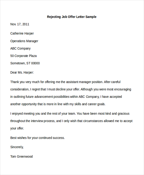 rejecting job offer letter sample