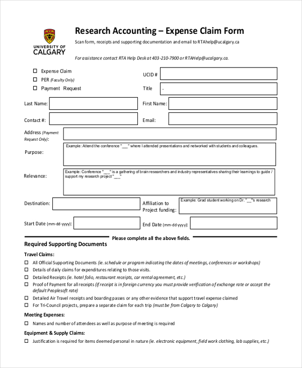 research accounting expense claim form