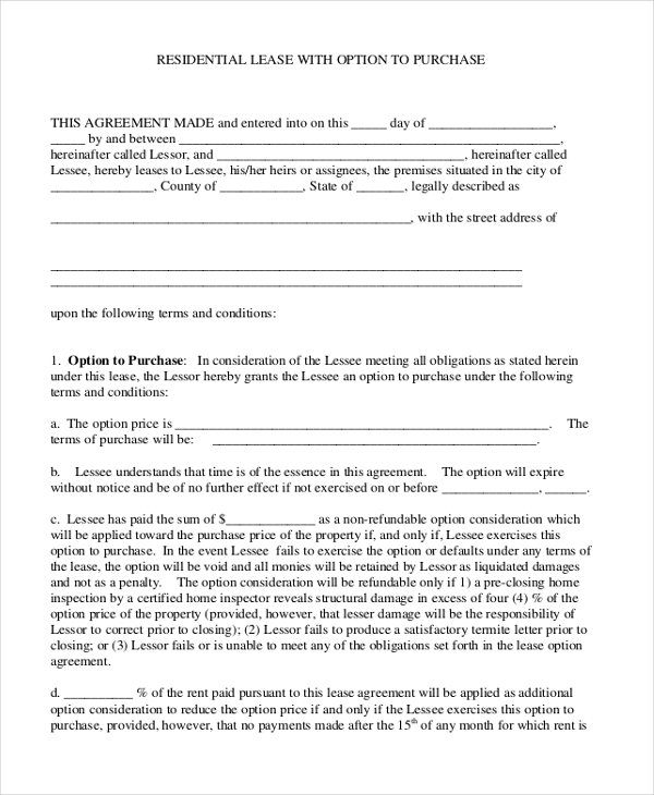 residential lease agreement with option to purchase