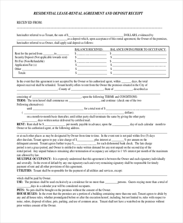 residential lease rental agreement and deposit receipt