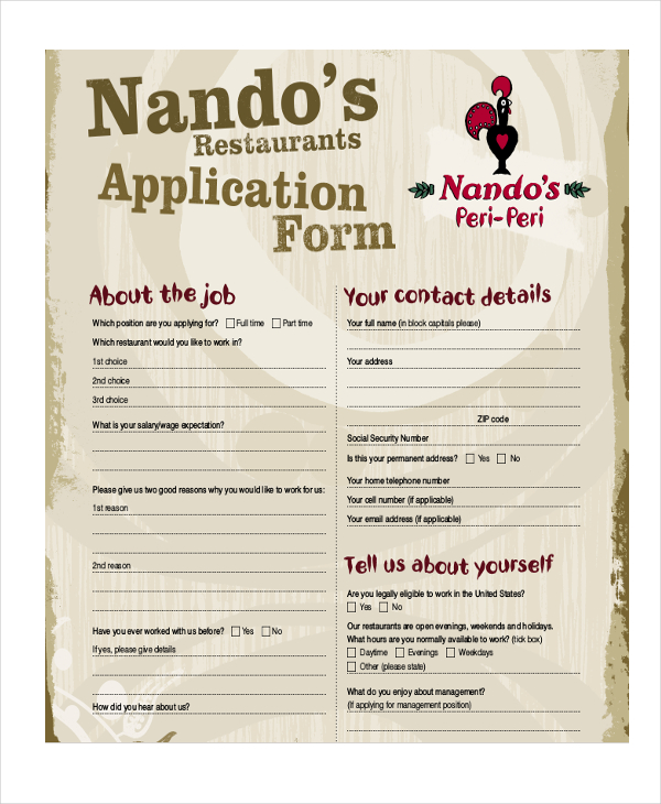 restaurant application form pdf