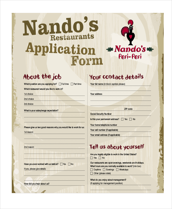 FREE 12+ Restaurant Application Form Samples, PDF, MS Word, Google Docs,