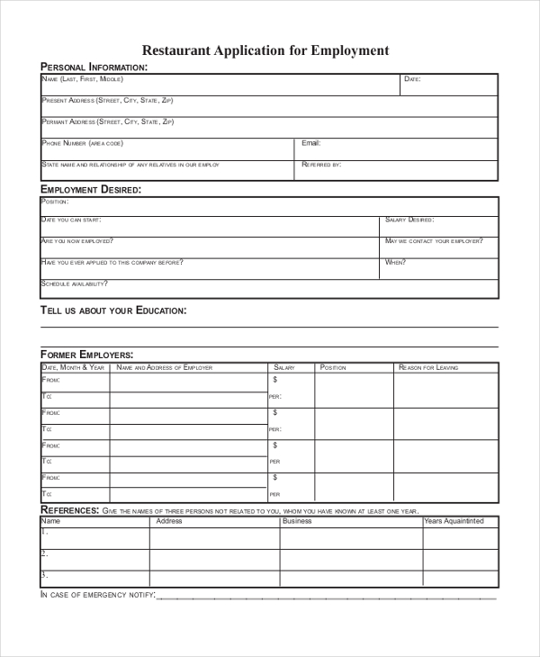 restaurant employment application form1