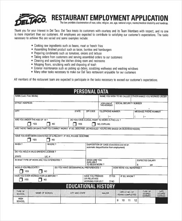 restaurant employment application