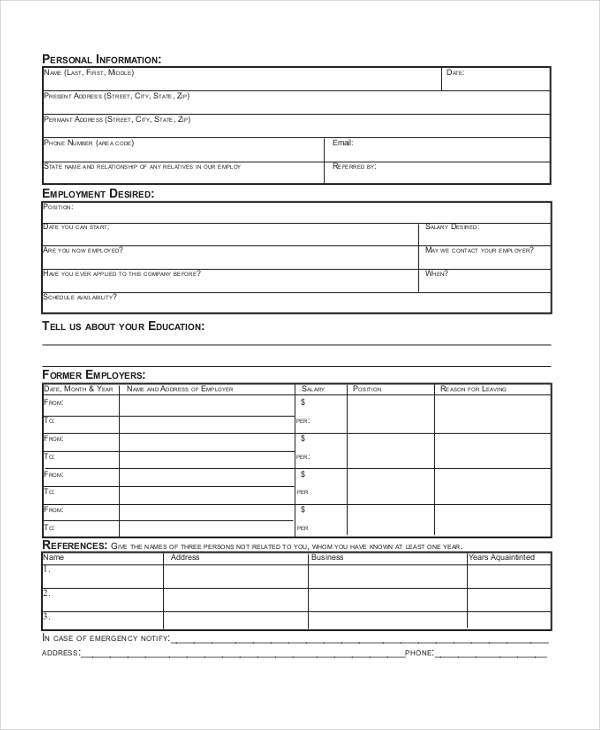 restaurant job application form