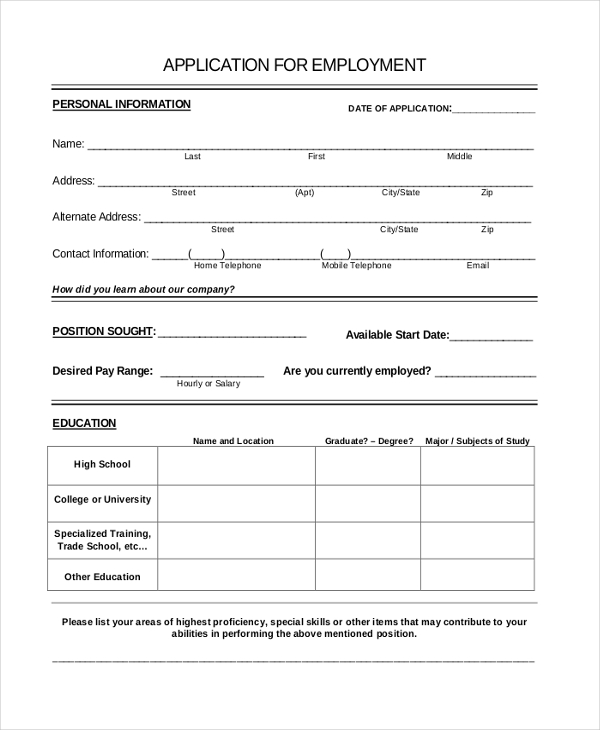 sample employment application template