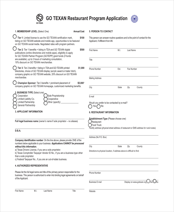 restaurant membership application