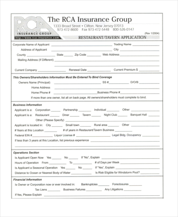 Free 9 Sample Restaurant Application Forms In Pdf Ms Word