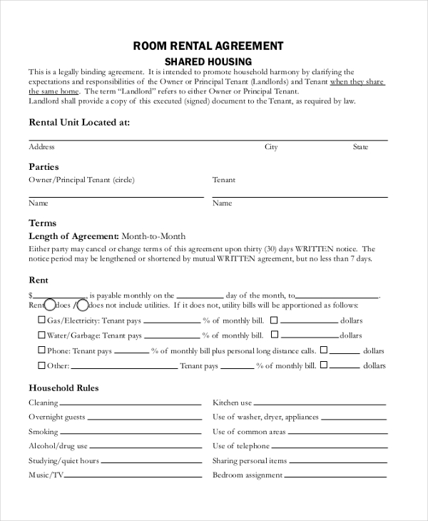 FREE 8+ Room Agreement Form Samples in PDF | MS Word