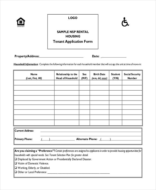 sample rental housing tenant application form