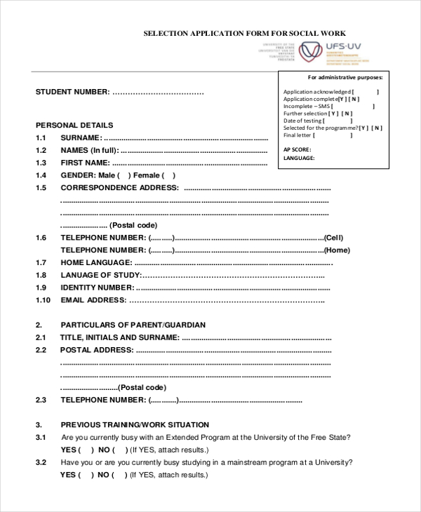 selection application form for social work